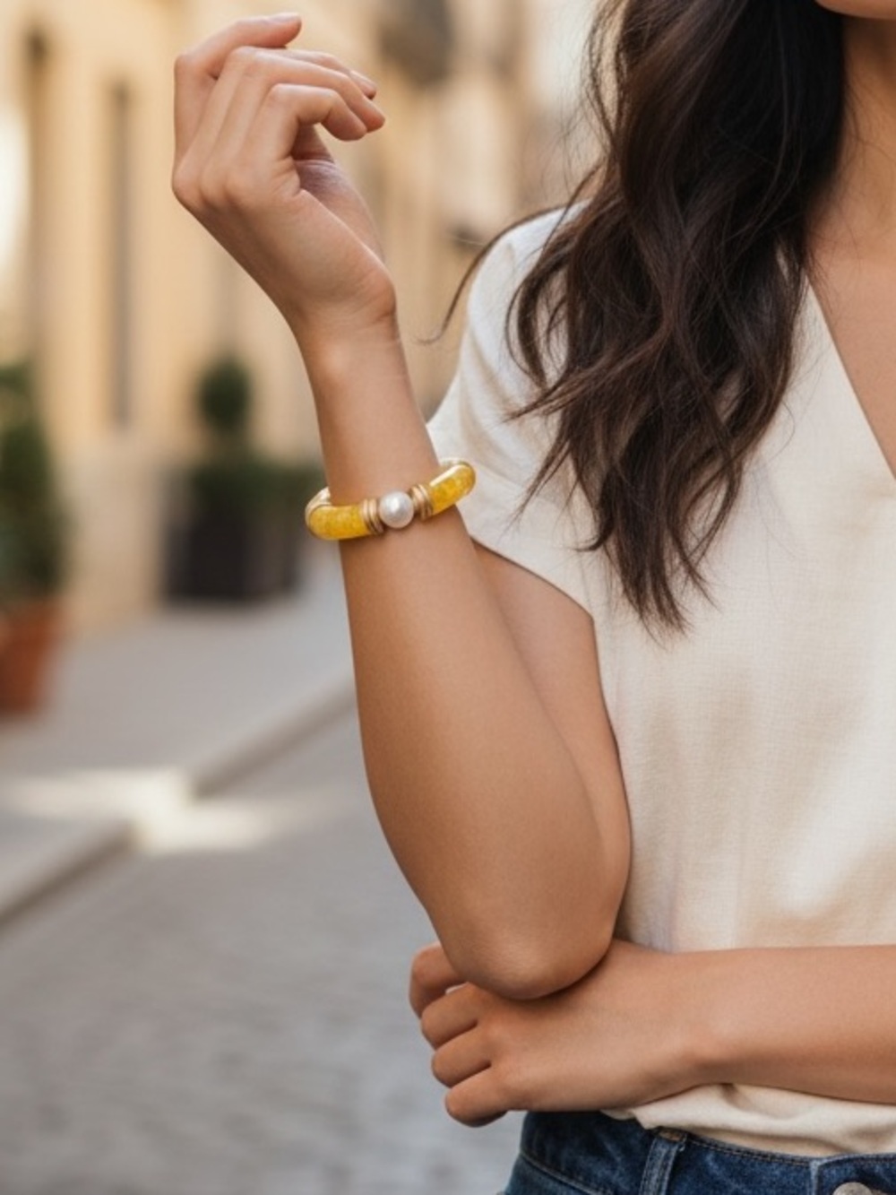 Plunder Yellow Marbled Tube & Pearl Stretch Bracelet